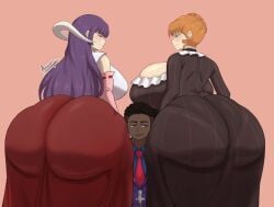 07th_expansion 1boy 2024 2girls alternate_breast_size arusen ass_focus beatrice_(umineko) big_ass big_breasts blue_eyes busty commission commissioner_insert commissioner_upload dark-skinned_male dark_skin dress dumptruck_ass dumptruck_butt eua_(higurashi_no_naku_koro_ni) featherine_augustus_aurora female hi_res high_resolution highres horn huge_ass huge_breasts jamal_laquari large_ass large_breasts light-skinned_female light_skin long_hair male oc older_female original_character pantylines purple_eyes purple_hair short_hair size_difference smile umineko_no_naku_koro_ni voluptuous witch