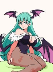 big_breasts big_butt big_thighs big_titties breasts cleavage clothing curvaceous curvaceous_female curvaceous_figure curvy curvy_figure curvy_hips darkstalkers female female_focus female_only green_hair long_hair looking_at_viewer momocka_art morrigan_aensland wings_on_head