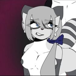 anthro areolae blue_ribbon elizabethjirule emma_(piggy) eye_through_hair female female_focus grey_fur hair_ribbon heart-shaped_pupils piggy_(game) raccoon roblox roblox_game saliva source_request tagme white_fur white_hair zack_(piggy) zebra