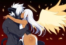 2boys ai_generated angel angel_boy bulge curvy dark-skinned_male dark_skin demon demon_boy demon_horns femboy french_kiss hair_over_eyes halo kissing kissing muscular_male novelai pelvic_curtain thick_lips thick_thighs wide_hips