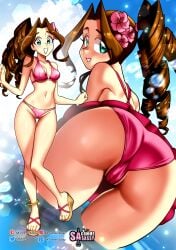 1girls aerith_gainsborough ass bikini brown_hair cameltoe drill_hair female female_only final_fantasy final_fantasy_vii final_fantasy_vii_remake flower_in_hair green_eyes hi_res long_hair looking_at_viewer ponytail sasatseng smiling smiling_at_viewer solo square_enix swimwear very_high_resolution