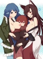 3girls animal_ears bare_shoulders big_breasts blouse blue_bow blue_eyes blue_hair bow breasts breasts_out dress drill_hair fins girl_sandwich green_kimono hairbow head_fins huge_breasts imaizumi_kagerou japanese_clothes kagerou_imaizumi kimono large_breasts mermaid miniskirt monster_girl multiple_girls nipples no_bra older_female red_eyes red_hair sandwiched sekibanki shirt short_hair skirt smile tail touhou urin wakasagihime wolf_ears wolf_tail yuri