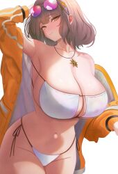 absurdres anis_(nikke) anis_(sparkling_summer)_(nikke) bikini blush breasts brown_hair cleavage collarbone eyepatch_bikini eyewear_on_head goddess_of_victory:_nikke groin highres huge_breasts jacket jacket_partially_removed jewelry light_smile looking_at_viewer navel ni_tamago_sando official_alternate_costume orange_jacket pendant side-tie_bikini_bottom star_(symbol) stomach string_bikini swimsuit tinted_eyewear white_background white_bikini