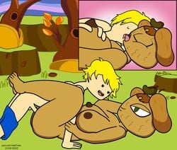 adventure_time age_difference breast_grab brown_skin cartoon_network duchess_of_nuts finn_the_human human_on_anthro kissing missionary_position pants_down straight_hair