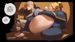 1boy 1girls belly big_belly blonde_hair dialogue dungeon_meshi female laios_touden male marcille_donato precioustimespent text text_bubble