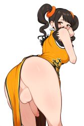 1futa ai_generated ass balls bent_over big_balls blush brown_hair china_dress from_behind futanari ling_xiaoyu looking_over_shoulder medium_hair no_underwear orange_clothing penis perineum shy solo standing tagme tekken tekken_7 thighs trans_woman transgender transgender_woman trathick_thighs twintails white_background