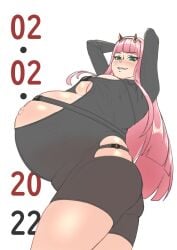 1girls akeggle belly big_belly big_breasts breasts cleavage darling_in_the_franxx female gigantic_breasts pink_hair pregnant skintight solo zero_two_(darling_in_the_franxx)