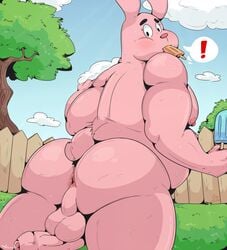 2019 anthro anus ass barazoku big_butt bodily_fluids cartoon_network dessert detailed_background digital_media_(artwork) eating flaccid food fur genital_fluids genitals ice_cream lagomorph leporid looking_at_viewer looking_back male male_only mammal musclegut muscular muscular_male nude penis pink_body pink_fur precum precum_string rabbit richard_watterson scut_tail solo the_amazing_world_of_gumball thecaptainteddy uncut