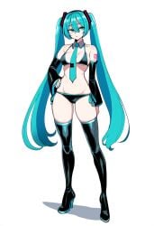 1girls ai_generated bikini blue_eyes blue_fingernails blue_hair female_focus female_only hands_on_hips hatsune_miku high_heels medium_breasts smile smiling solo thigh_high_boots tie twintails vocaloid