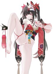 bar_censor bare_shoulders barefoot bell black_choker bow breasts censored choker dress feet female gloves hairbow highres honkai:_star_rail honkai_(series) legs_up liangfen long_hair looking_at_viewer mask mask_on_head neck_bell pink_eyes red_bow red_dress sleeveless smile solo sparkle_(honkai:_star_rail) twintails