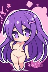 1girls ai_generated alternate_style bangs blush breasts chibi doki_doki_literature_club female hairclip long_hair looking_at_viewer nude pixai purple_background purple_eyes purple_hair shiny_hair sidelocks small solo yuri_(doki_doki_literature_club)