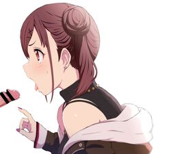 1boy bare_shoulders brown_eyes brown_hair dripping earrings fellatio female hair_bun hair_ornament hairclip heart heart_earrings highres idolmaster idolmaster_shiny_colors jacket jewelry nail_polish open_mouth oral penis precum side_bun sonoda_chiyoko tongue tongue_out wasabi_(wasalongt)