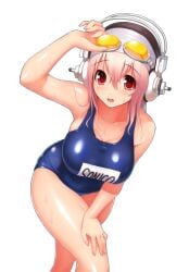 1girls bangs bare_legs bare_shoulders breasts clavicle goggles headphones leaning_forward looking_at_viewer nitroplus pink_hair red_eyes shiny_skin super_sonico swim_cap swimsuit swimwear tagme thighs transparent_background tsuji_santa wet_body wet_hair