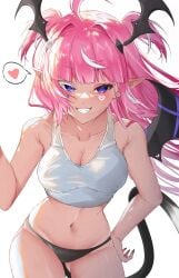 ahoge bangs black_panties blush breasts camila_(vtuber) cleavage collarbone demon_girl demon_tail demon_wings facial_mark female grin hand_on_hip head_wings heart indie_virtual_youtuber large_breasts long_hair looking_at_viewer marking_below_eyes multicolored_hair navel panties pink_hair pointy_ears purple_eyes simple_background smile solo spoken_heart streaked_hair succubus tail two_side_up underwear virtual_youtuber white_background white_hair wings