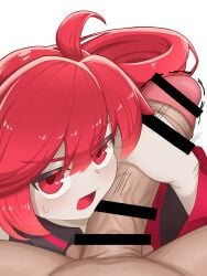 1boy 1girls 2d 2d_(artwork) alternate_version_available annoyed annoyed_expression blush blush_lines censored censored_penis clothed clothed_female clothing curved_to_the_right_penis detached_sleeves eye_contact eyelashes female fully_clothed handjob kasane_teto looking_at_viewer male male_pov motion_lines open_mouth outercourse partial_male penis penis_on_face red_eyes red_hair sex simple_background straight sweat sweating twin_drills utau wayuwayu white_background