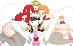 4girls aegis_(persona) aigis_(persona) android ass blonde blonde_hair blush breast_lick breasts cuckquean cum dildo female female_protagonist_(persona_3) kotone_shiomi mitsuru_kirijo multiple_girls nipples persona persona_3 persona_3_reload robot sex_toy thick_thighs thighhighs usurper2001 yukari_takeba yuri