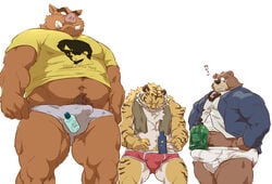 2020 anthro belly brown_body brown_fur bulge clothing erection erection_under_clothing eyewear felid fur glasses group hi_res japanese_text kemono male male_only mammal navel necktie overweight overweight_male pantherine shirt simple_background suid suina sus_(pig) tetsuo_oshiba text tiger topwear towel underwear ursid white_background wild_boar