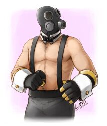 1boy bowtie chubby_male cuffs cuffs_(clothing) gas_mask hairy_chest light-skinned_male lintufriikki male_focus male_only masked_male overalls pinup pyro pyro_(team_fortress_2) shirtless solo solo_male suggestive team_fortress_2