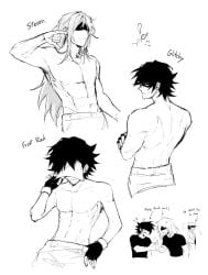 3boys bare_midriff black_hair creepypasta fingers friday_night_funkin friday_night_funkin_lullaby glitchy_red grumpy hypnos_lullaby long_hair long_hair_male looking_at_viewer male_only monochrome paper paper_on_head pecs red_(snow_on_mt_silver) steven_(strangled_red) strangled_red torso