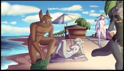 anthro beach bottomless brown_body brown_fur brown_hair canid canine canis clothed clothing domestic_dog female fur genitals grey_body grey_fur grey_hair group hair lagomorph leporid male mammal multicolored_hair nude palm_tree penis purple_body purple_fur pussy rabbit rainbow_hair seaside security_guard security_uniform tree undressing will_(wolfpack67) wolf wolf_guard_(wolfpack67) wolfpack67 ziggie13