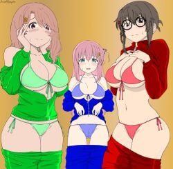 3girls beelceteam beelceverse bikini bikini_top brown_hair call_of_the_night darkrai_bitches enghy glasses gotou_hitori jackreaper la_puta_de_zawa looking_at_viewer multiple_girls pink_hair pov robraas uguisu_anko undressing voluptuous voluptuous_female yofukashi_no_uta