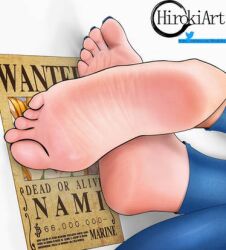 2d feet female female_only foot_fetish foot_focus full_color fully_clothed hiroki_(hirokiart) nami nami_(one_piece) no_penetration one_piece post-timeskip solo solo_female tagme text wanted_poster