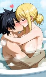 ai_generated ai_slop_(low_quality_ai) bathtub black_hair blonde_hair blushing_at_partner breasts bun fairy_tail gray_fullbuster hair_tied_up kissing lucy_heartfilia pixai romantic_couple steam water wholesome