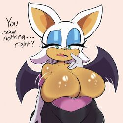 1girls bat bat_ears bat_wings big_breasts bursting_breasts choobsters cleavage eyelashes eyeshadow female female_only green_eyes large_breasts lipstick looking_at_viewer rouge_the_bat shiny_skin solo solo_female solo_focus sonic_(series) sonic_the_hedgehog_(series) sweat talking_to_viewer text thick_thighs thighs white_fur white_hair wide_hips