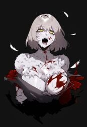 big_breasts black_background blood breasts bust dungeon_meshi falin_touden falin_touden_(chimera) fangs feathers female female_focus female_only glowing_eyes masoq095 ripping_clothing solo solo_female solo_focus yellow_eyes