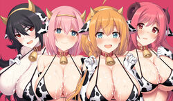 4girls @_@ after_paizuri ahoge animal_ears animal_print bangs bare_shoulders bell bell_collar bikini bikini_top black_hair blue_eyes blush braid breasts cleavage closed_mouth collar collarbone cow_bikini cow_ears cow_horns cow_print cowbell cum cum_on_body cum_on_breasts cum_on_upper_body curled_horns demon_horns demon_tail elbow_gloves gloves hair_between_eyes hairband heavy_breathing horns horosuke_(toot08) ilya_(princess_connect!) ilya_ornstein io_(princess_connect!) large_breasts light-skinned_female light_skin long_hair looking_at_viewer looking_to_the_side multiple_girls oerba_yun_fang open_mouth orange_hair pale_skin parted_lips pecorine pink_background pink_eyes pink_hair princess_connect! princess_connect!_re:dive print_bikini red_eyes short_hair side_braid simple_background slit_pupils smile swimsuit tail yui_(princess_connect!)