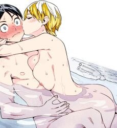 1boy areola_slip ass black_hair blonde_hair blush breast_press breasts closed_eyes colorized embarrassed female grey_eyes izumo_tenka kissing kissing_cheek large_breasts mato_seihei_no_slave nipples nude nue short_hair wakura_yuuki water wet