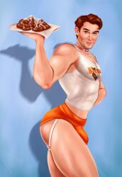 1boy actor big_bulge bulge caucasian caucasian_male celebrity croptop hooters hooters_uniform huge_bulge jockstrap kisshartt kj_apa male male_only muscles muscular muscular_male pecs real_person short_shorts solo solo_male thick_thighs waiter