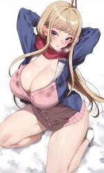 absurdres ahoge akihiro0920 arms_behind_head arms_up asian asian_female blonde_hair blue_jacket blush breasts cardigan cleavage commentary_request dosanko_gal_wa_namara_menkoi female female_only grey_eyes highres jacket large_breasts long_hair looking_at_viewer minami_fuyuki parted_lips pink_cardigan red_scarf scarf shounen_jump+ sidelocks snow socks solo squatting thighs uniform white_socks