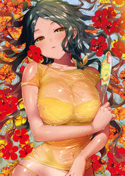 1girls black_hair bra breasts cleavage female flower see-through supine sweat swimsuit yellow_eyes