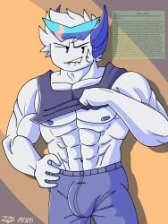 3:4 big_pecs biting_lip biting_own_lip blue_horns bulge male_only muscles muscular muscular_male phighting roblox roblox_game robloxian simple_background solo tagme zuka_(phighting)