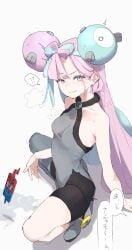 !? ^^^ bike_shorts blue_hair breasts clothing_request double_bun female fingering fingering_through_clothes furrowed_brow hair_bun hand_on_ground highres implied_fingering iono_(pokemon) light_blue_hair long_hair makkurourufu multicolored_hair pink_hair pokemon pokemon_sv pussy_juice raised_eyebrow simple_background sitting sleeveless small_breasts solo_focus spasm speech_bubble spread_legs squirting steaming_body through_clothes translation_request white_background