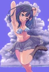 1girls armpits arms_behind_head artist_name big_breasts bikini bikini_top_only blue_bikini blue_eyes blue_hair breasts busty cleavage dated female female_only highres large_breasts leg_lift leg_up legs looking_at_viewer make_heroine_ga_oo_sugiru! medium_hair midriff navel open_mouth pose posing skirt smile solo swimsuit thighs tongue voluptuous yanami_anna