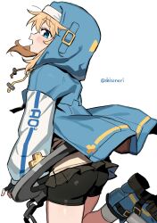 1boy balls bike_shorts blonde_hair blue_eyes bridget bulge butt_focus femboy feminine_male guilty_gear guilty_gear_strive hoodie male male_focus male_only otoko_no_ko pale_skin pants presenting_hindquarters shisoneri skirt