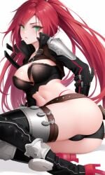 ai_generated black_panties green_eyes katarina_du_couteau league_of_legends panties pinkdolphin red_hair scar_across_eye stomach tattoo