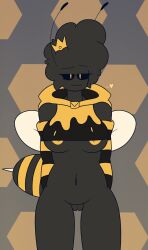 2023 bee_girl bee_humanoid black_body black_hair black_sclera black_skin breasts crown pussy queen_bee_(glewd) stinger tagme underboob wings yellow_areola yellow_eyes