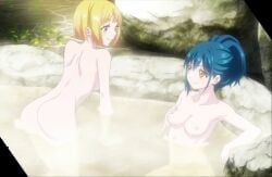 2girls anime_screencap ass azuma_himari_(mato_seihei_no_slave) back bathing blonde_hair blue_hair breasts collarbone completely_nude green_eyes hand_on_own_chest highres large_breasts mato_seihei_no_slave multiple_girls nipples nude screencap short_hair shoulder_blades sidelocks smile stitched suruga_shushu thighs third-party_edit water yellow_eyes