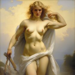 ai_generated belly blonde_hair blue_eyes breasts convenient_censoring curly_hair curvy female lips long_hair muscles muscular_female navel nipples nude sky small_breasts solo tall_female william_bouguereau