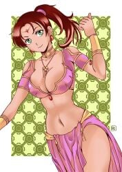 1girls arabian_clothes arabian_fight artist_name belly_dancer big_breasts breasts brown_hair busty cleavage curvy female female_only harem_outfit highres jewelry large_breasts legs midriff navel necklace ponytail ramaya smile solo thighs voluptuous