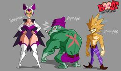 1girls 2020 2boys anthro ape ass big_ass big_breasts breast character_sheet female green_eyes green_fur hand_on_hip hedgehog helmet human male original_character original_characters smirk smoking vamplower_(wappah) vape_ape_(wappah) wappah wide_hips yellow_fur zapupine_(wappah)