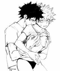 artist_request blush female_bakugou fondling freckles genderswap genderswap_(mtf) izuku_midoriya katsuki_bakugou my_hero_academia rule_63 straight_hair sweat