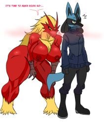 1boy 1girls anthro anthro_on_anthro anthro_only big_ass big_breasts blaziken curvy_figure female female_blaziken furry imminent_sex lucario male_anthro mr_invader muscle_girl naked nude nude_female pokémon_(species) pokemon pokemon_(species) straight voluptuous