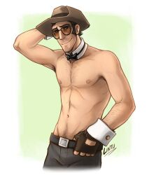 bowtie cuffs cuffs_(clothing) flustered hand_on_head hand_on_hip lean_muscle light-skinned_male lintufriikki male_focus pinup pubic_hair shirtless sniper_(team_fortress_2) solo_male suggestive sunglasses team_fortress_2