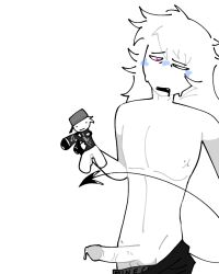 blue_blush cum_drip cum_in_plushie demon_tail drooling fangs gay_male heart-shaped_pupils long_hair no_shirt open_mouth own_character piercing pleasured_male plushie_penetrated roblox robloxian tired_eyes white_hair white_skin