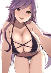 :d absurdres amisu bent_over bikini black_bikini breasts cleavage cowboy_shot female highres hijiri_byakuren huge_breasts long_hair looking_at_viewer mature_female milf navel one-hour_drawing_challenge open_mouth purple_hair simple_background smile solo swimsuit touhou white_background yellow_eyes