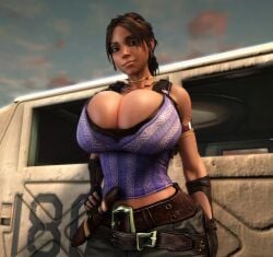 1girls 3d 3d_(artwork) alternate_breast_size belt big_breasts big_hips breasts breasts_bigger_than_head brown_eyes brown_hair capcom cleavage clothed clothed_female female female_only female_solo fingerless_gloves gloves hand_on_hip hand_on_own_hip hips hourglass_figure huge_breasts human human_female human_only large_breasts looking_at_viewer pants resident_evil resident_evil_5 sheva_alomar slim_waist solo solo_female tactical_gear top_heavy top_heavy_breasts vaako wide_hips